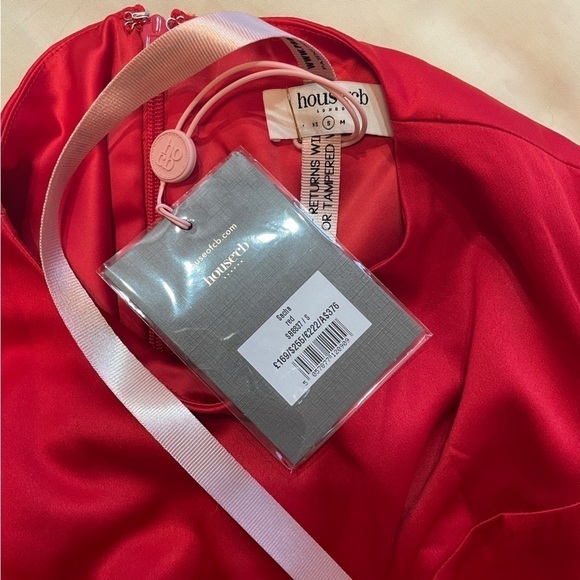 NEW! House of CB- Sacha Red Satin Mini Dress Long Flute Sleeve Round Neck Size S - Picture 12 of 13
